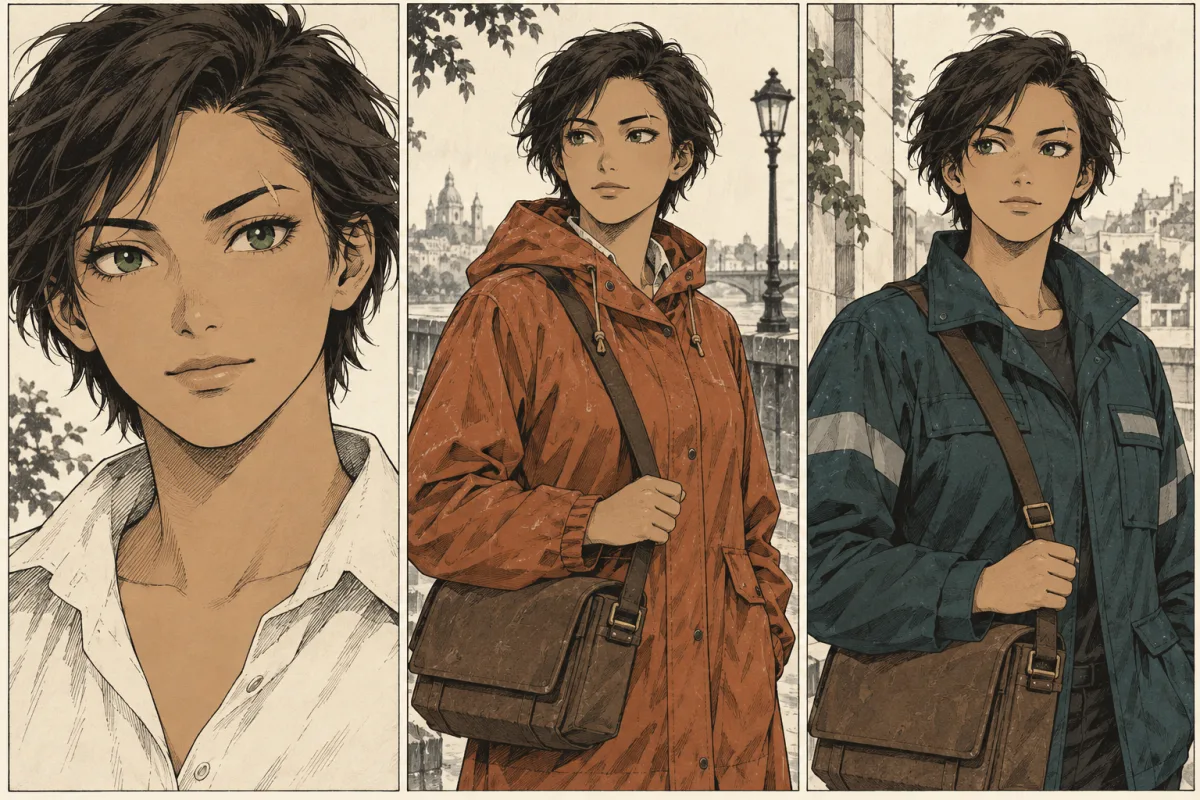 Courier with short dark hair, green eyes and an eyebrow scar shown with two different outfits.