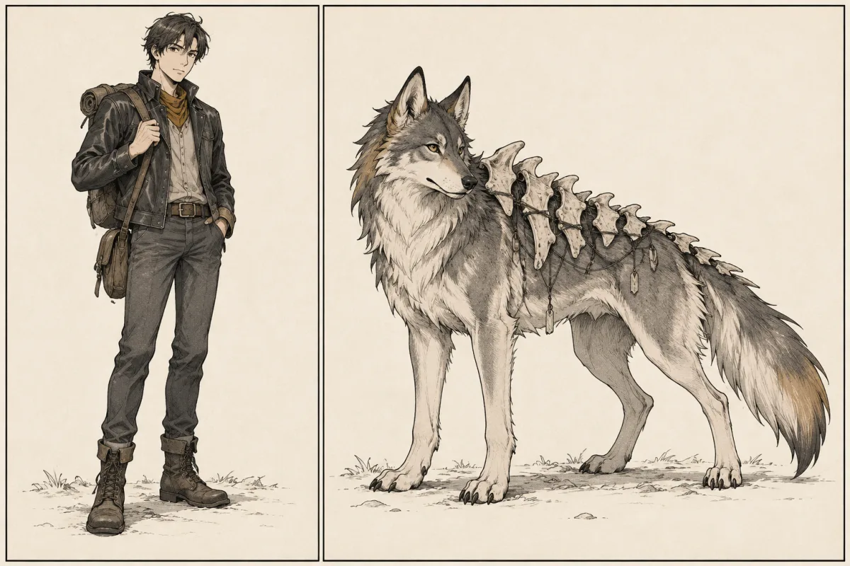 Side-by-side manga drawings of an upright human traveler and a four-legged wolf-like creature with bone plates and wire.