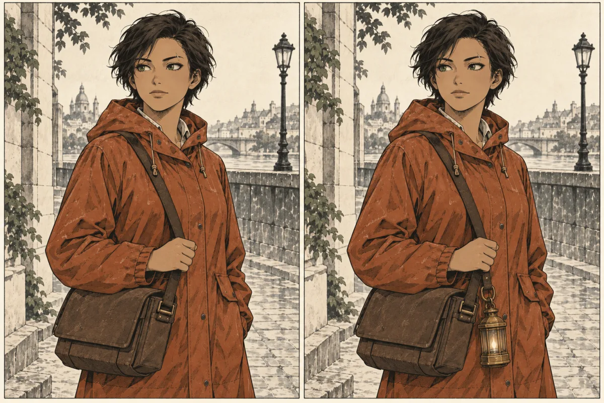 Two illustrations of a courier in a rust raincoat with a brown satchel; the right image deliberately adds a brass lantern.