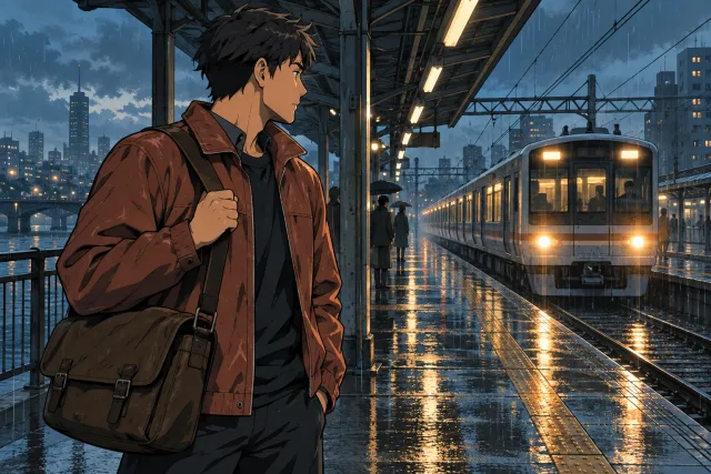Courier in a rust-colored jacket beneath a blue rainy canopy, with amber train lights and crisp color shadow shapes.