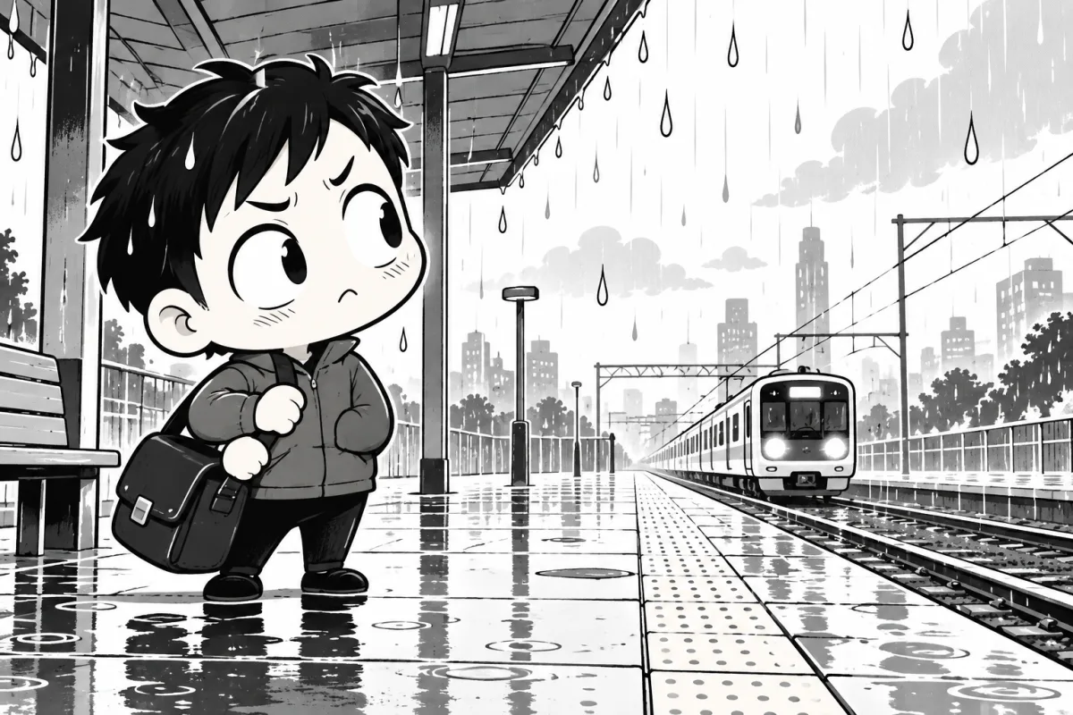 Tiny-bodied courier with an oversized head, large worried eyes and a satchel, beside an exaggerated rainy platform.
