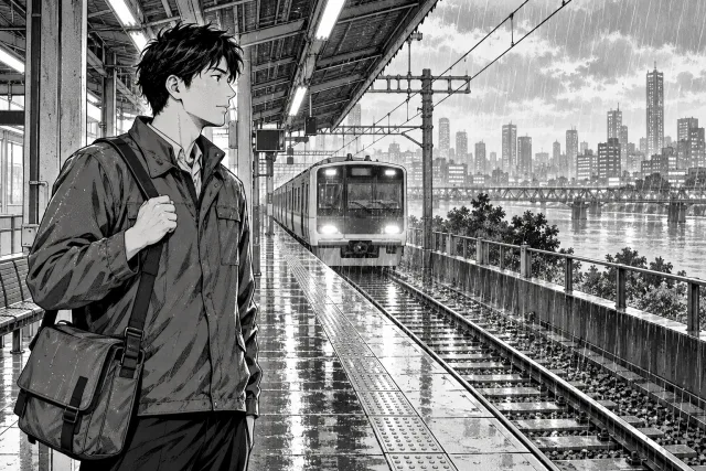 Courier on a rainy platform, drawn with crisp black contours and fine gray screentone shadows.