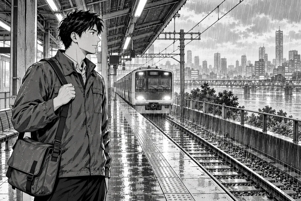 Courier on a rainy platform, drawn with crisp black contours and fine gray screentone shadows.