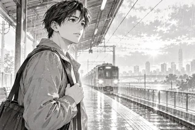Courier with large expressive eyes and fine hair lines, against a pale rain-soaked station background.