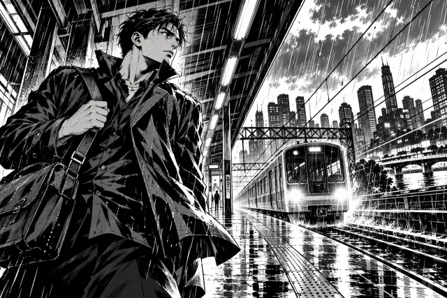 Courier and approaching train rendered with heavy black shadows, sharp rain lines and a dramatic low viewpoint.