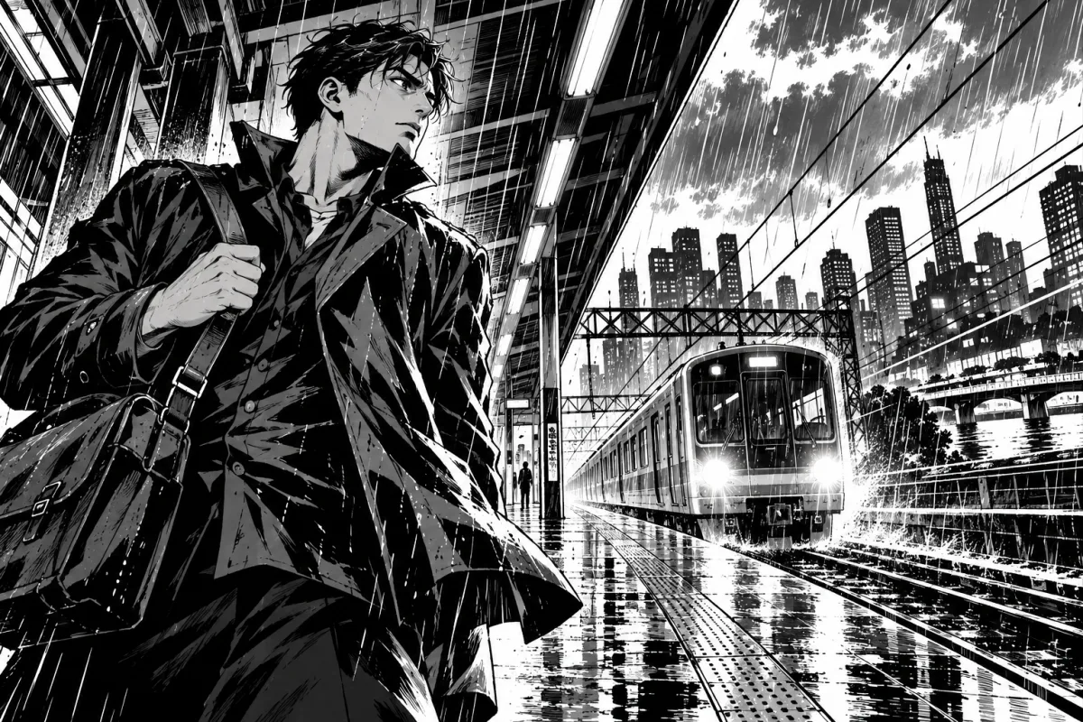 Courier and approaching train rendered with heavy black shadows, sharp rain lines and a dramatic low viewpoint.