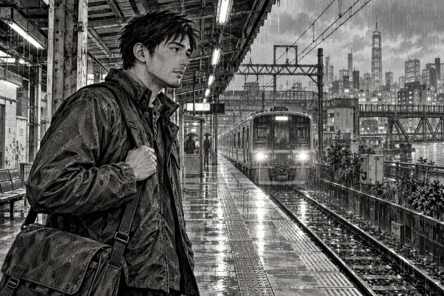 Adult courier with grounded facial proportions, detailed jacket folds and hatched station architecture.