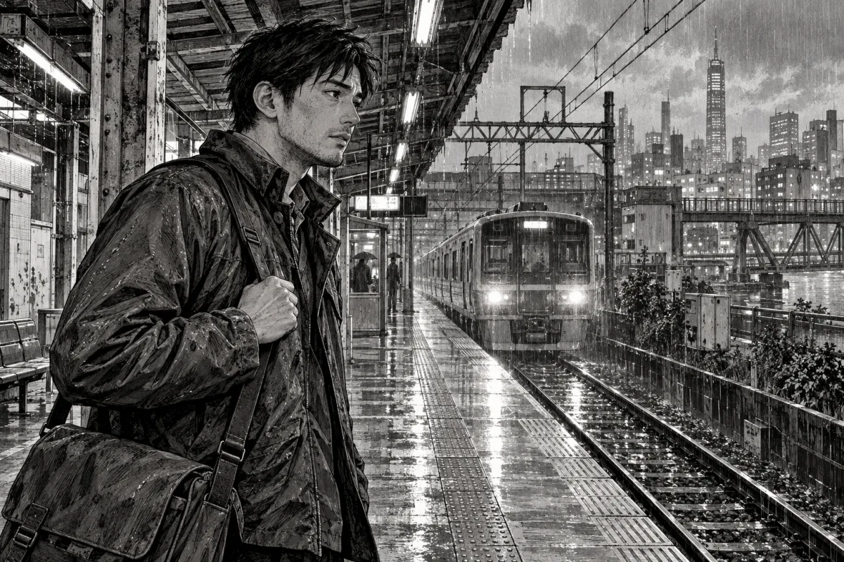 Adult courier with grounded facial proportions, detailed jacket folds and hatched station architecture.