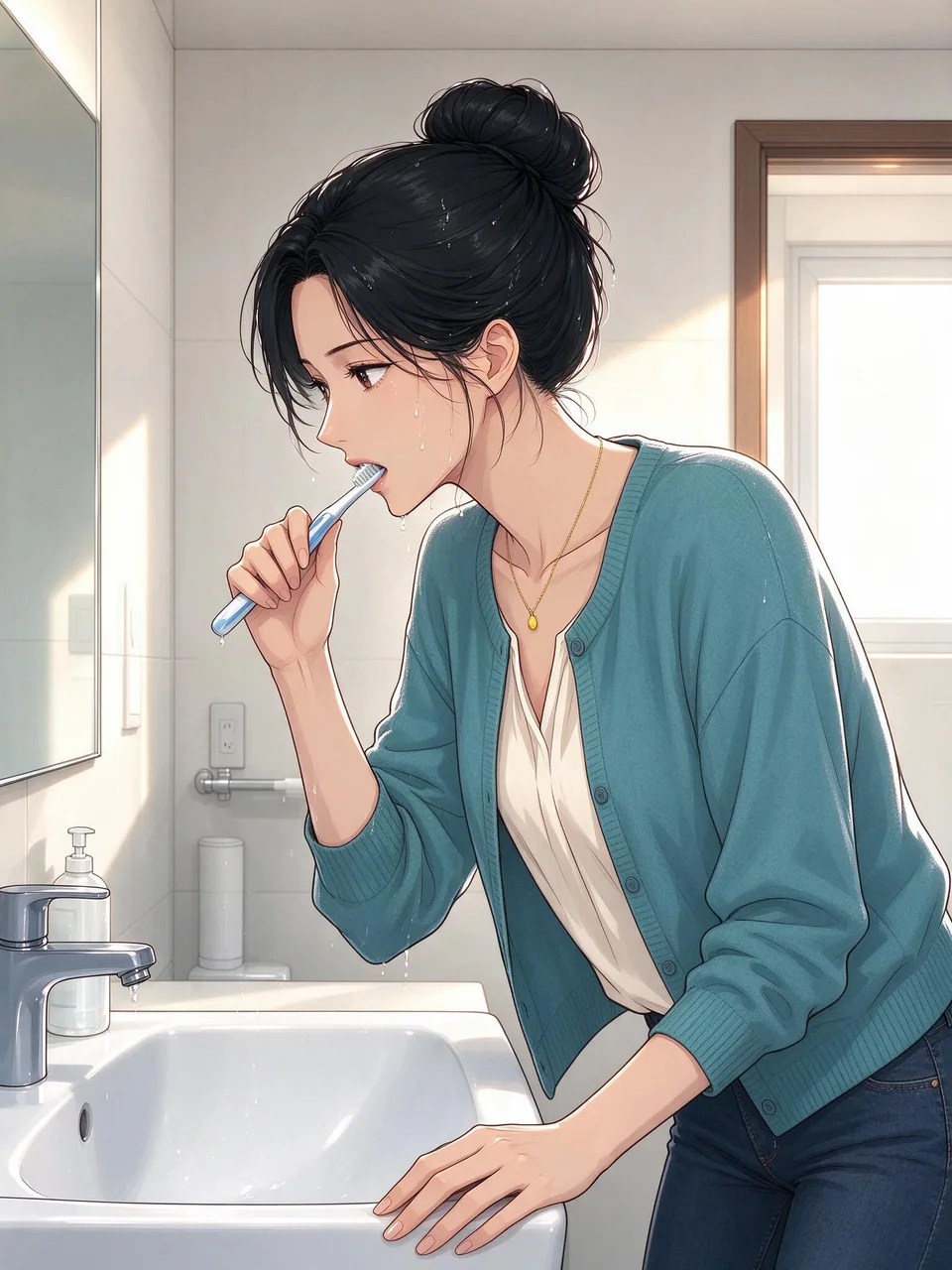 At the bathroom sink, Ivy brushes her teeth, her damp black hair already gathered into a bun.