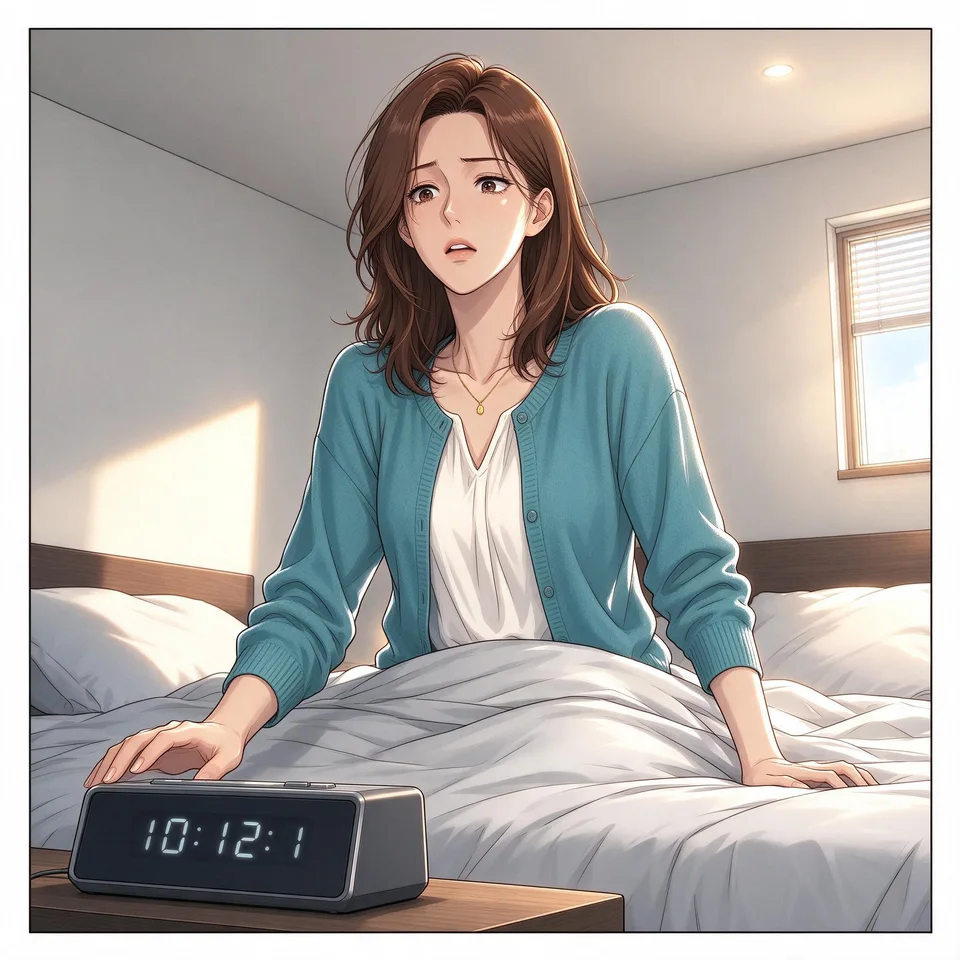 Ivy jolts awake in bed and reaches toward a beeping alarm beside her, startled by the sound.