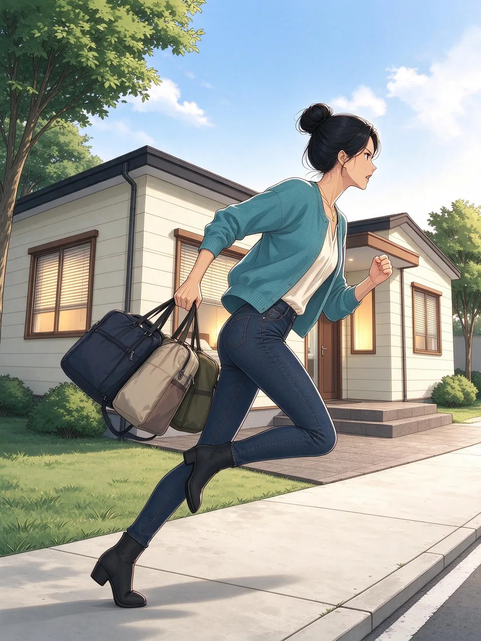 Ivy runs away from her house along the sidewalk, carrying her bags.