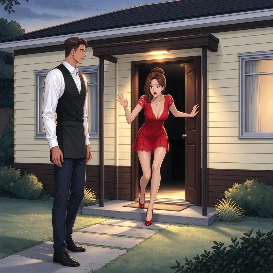 Ivy swings open the front door and catches herself after nearly stumbling in her heels; Caleb waits outside, hair styled to the side and dressed casually.