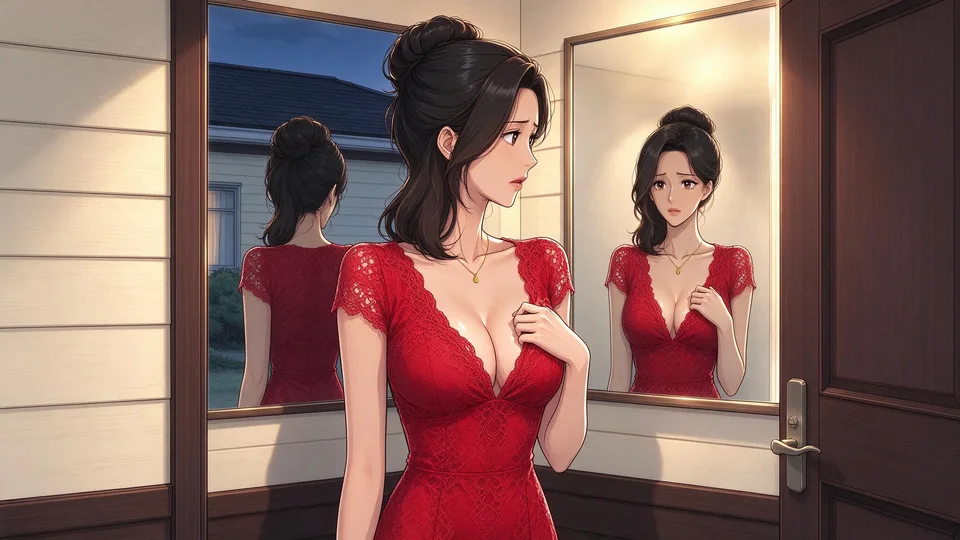 Ivy studies her reflection, tugging lightly at the deep V-neck of her red lace dress before turning toward the door.