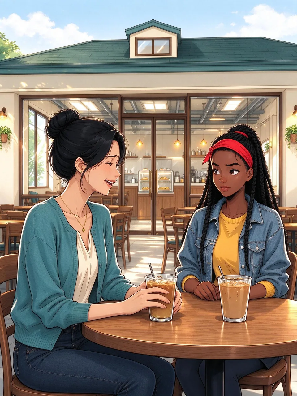 The friends sit together at the table, their amusement settling into a shared, rueful quiet.