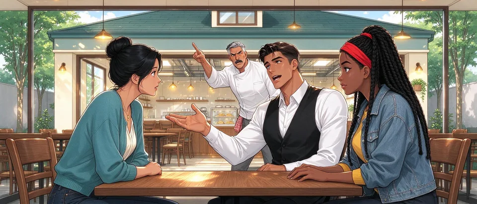 Caleb gestures toward the city as he talks, then begins to explain what he would like to do. His father calls from the cafe counter, cutting him off.