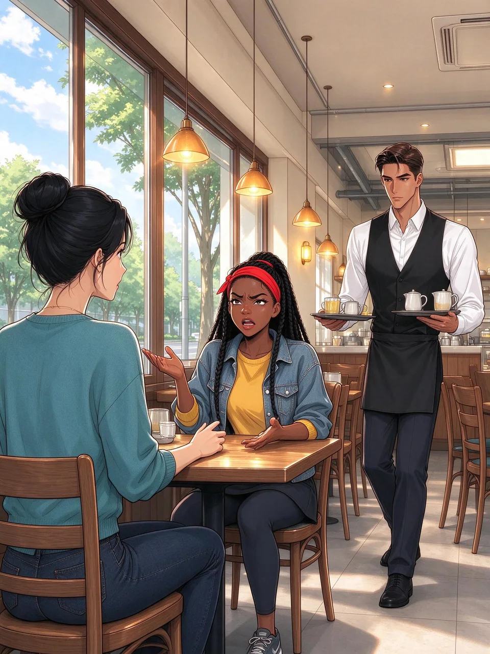 Ivy asks Mariah about her work as Caleb returns with their drinks. Mariah gestures in frustration while Caleb pulls up a chair beside them.