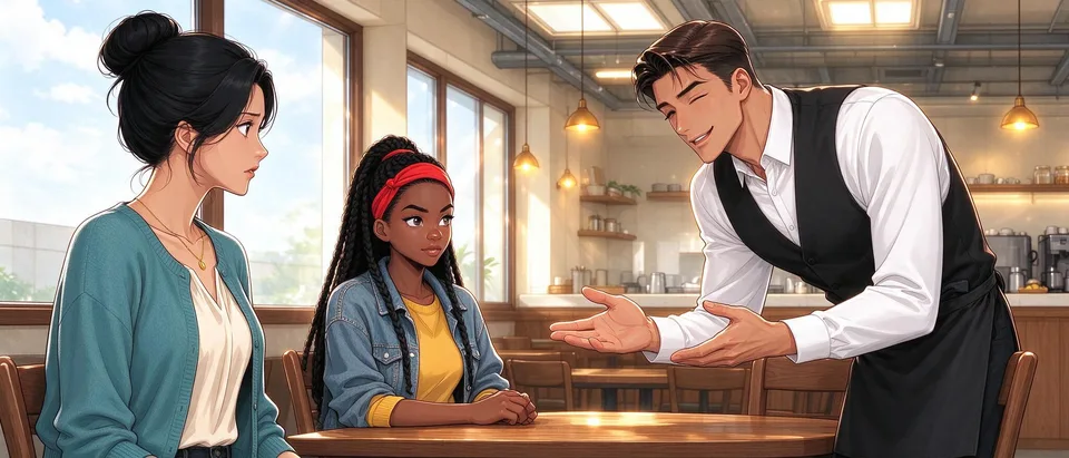 Caleb leans toward Mariah with a hopeful wink as he offers her a place at the cafe. Ivy watches him from beside her friend.
