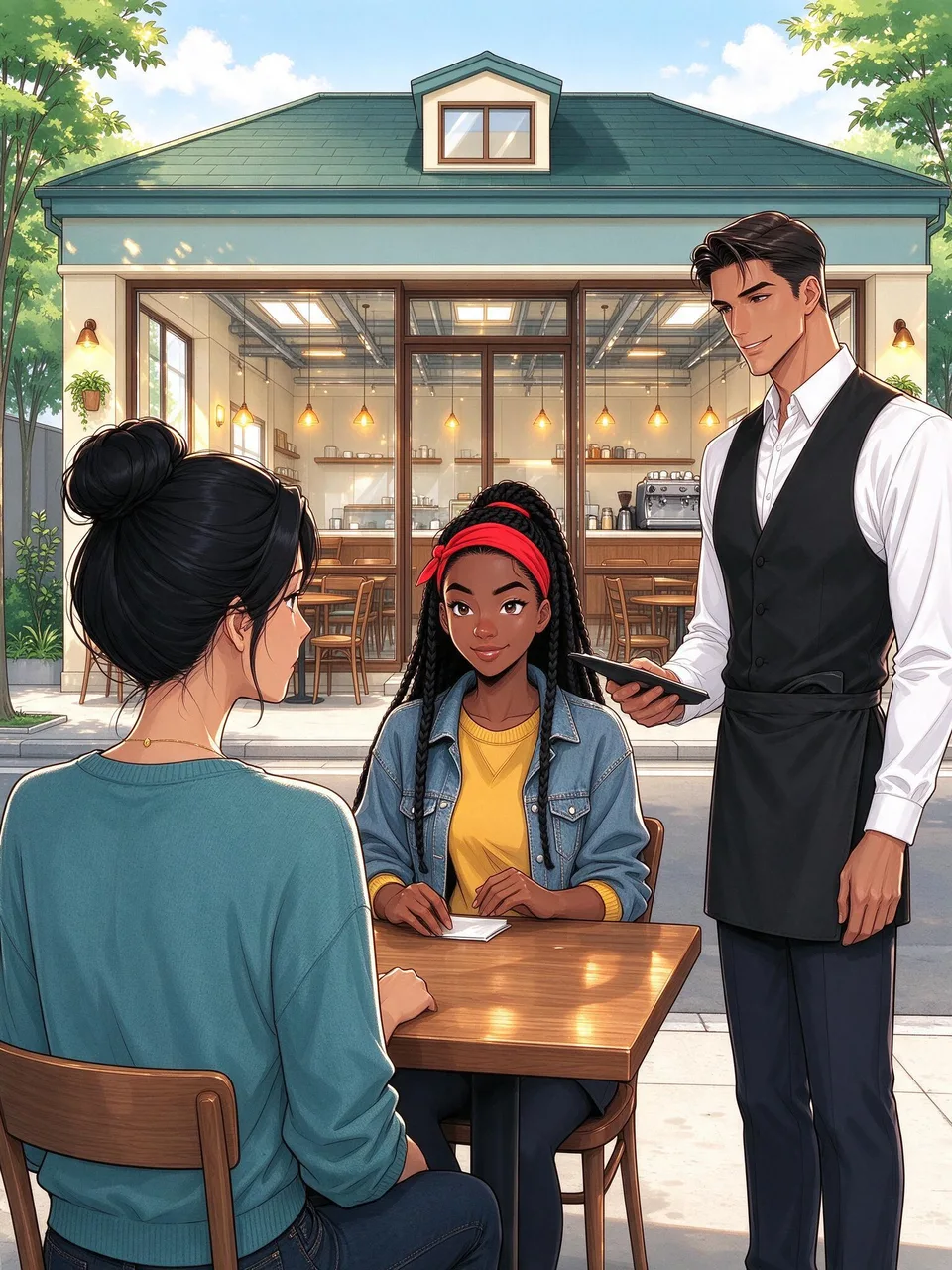 Caleb approaches their table as their waiter, familiar with both women. Ivy keeps her attention on Mariah while Caleb addresses them.