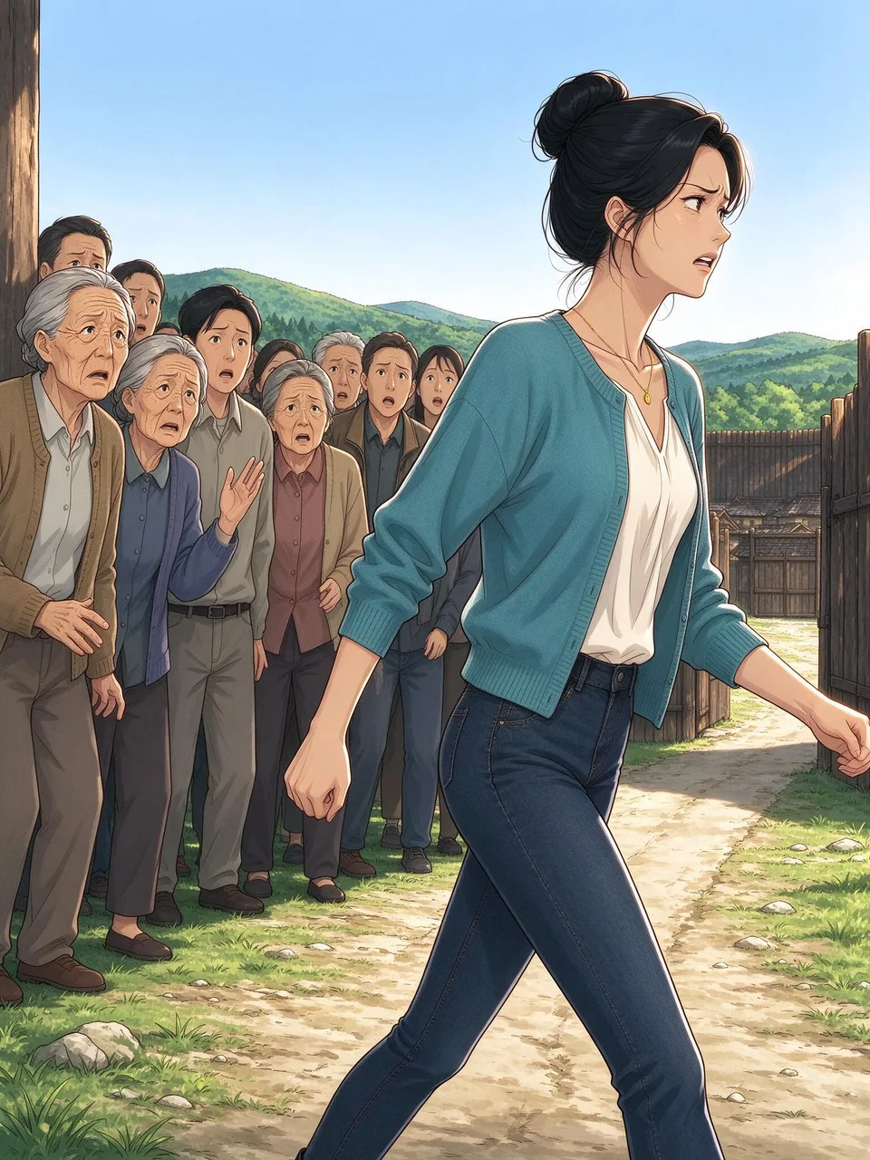 Ivy heads away from town as several neighbors pause to question her. She keeps walking, carrying herself with practiced impatience.