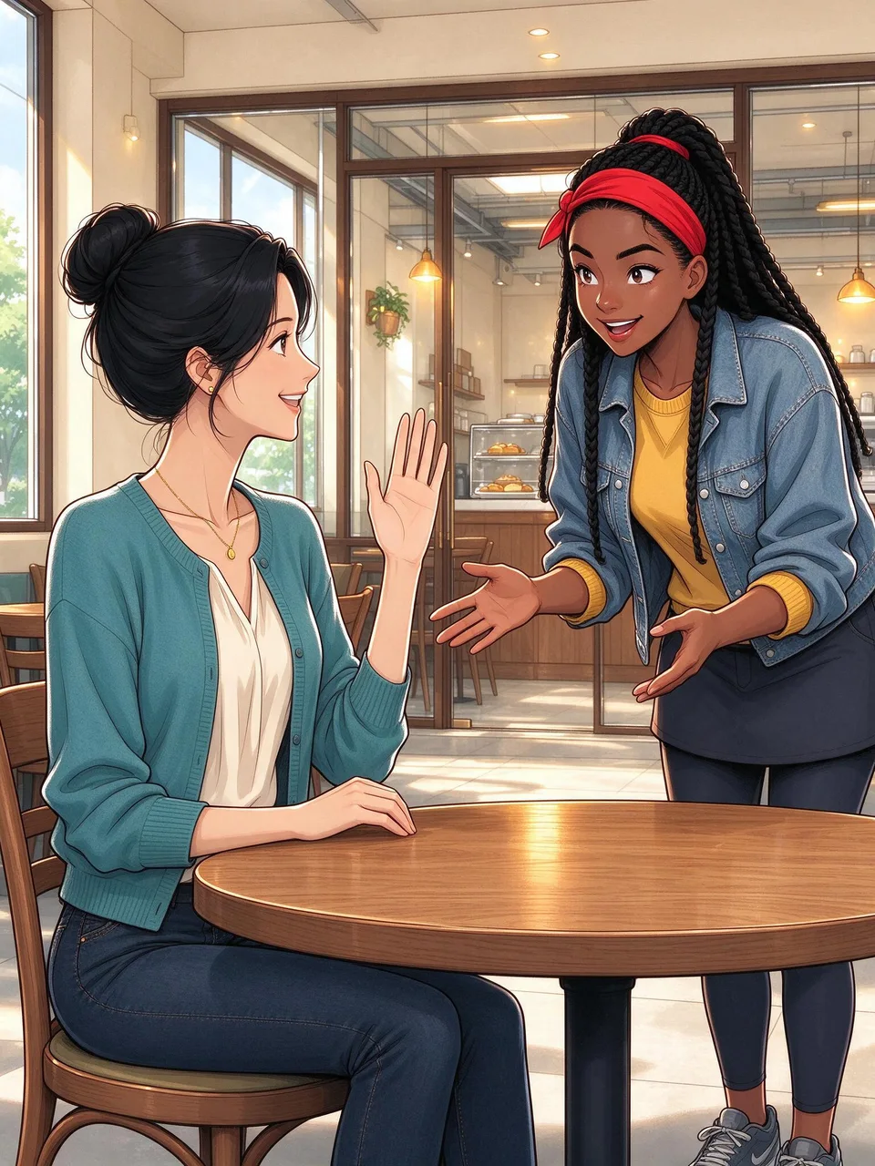 Ivy sits down across from Mariah at their table. Mariah greets her brightly, and Ivy waves back with a smile.