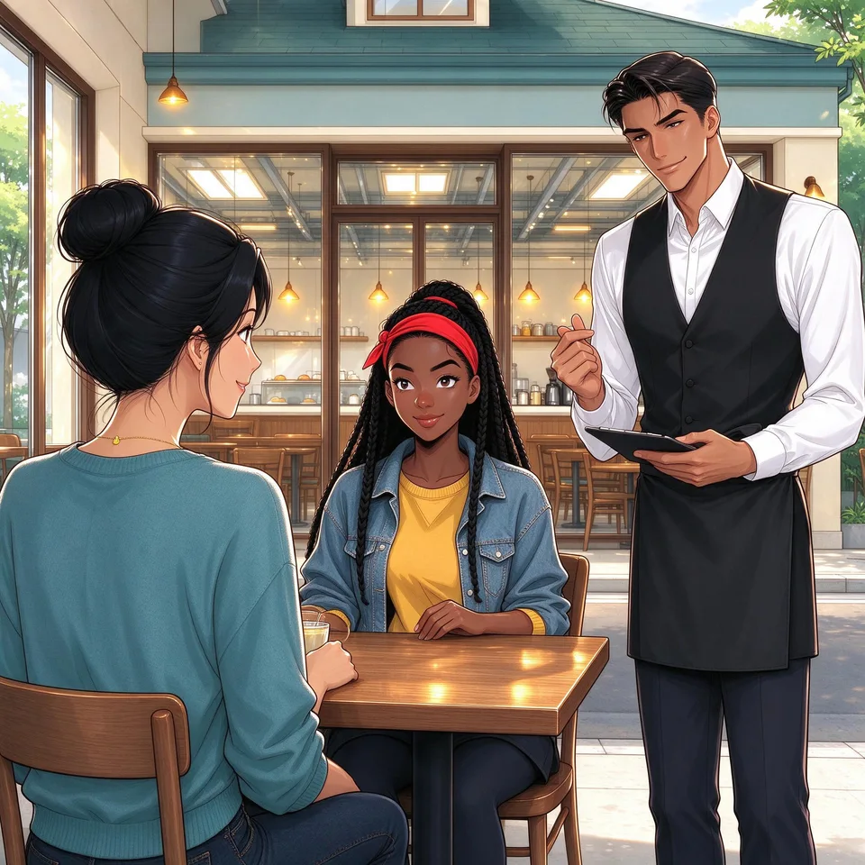 Ivy gives Caleb a deliberately polite smile while he stands beside the table, amused by his own joke.
