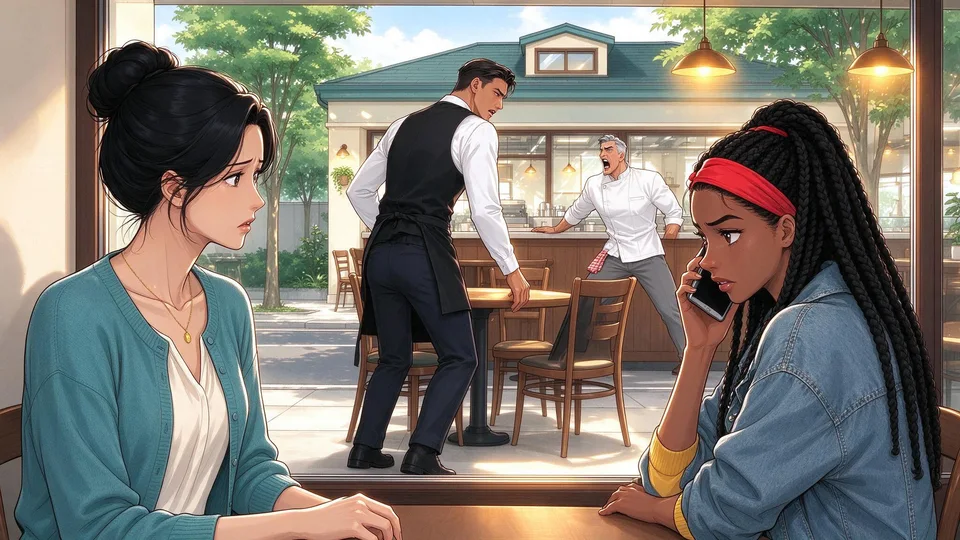 Caleb's hopeful expression is gone as he rises from the table to return to work. Mariah turns aside to answer a call while Ivy watches her.