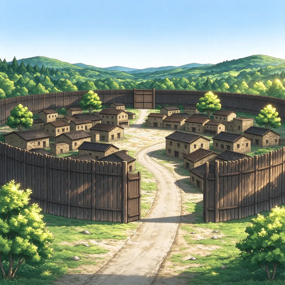 Parkston sits enclosed behind a high perimeter fence, its boundary curving around the town like a shell. A lone gate breaks the fence.
