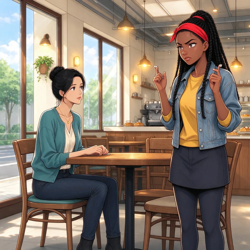 Mariah ends her call and faces Ivy, trying to hide her irritation as she explains why she has to leave. Ivy studies her friend's expression.