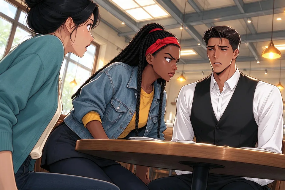 Mariah fixes Caleb with an angry look. Caleb's smile fades as he hesitates; Ivy and Mariah react with startled expressions to his answer.