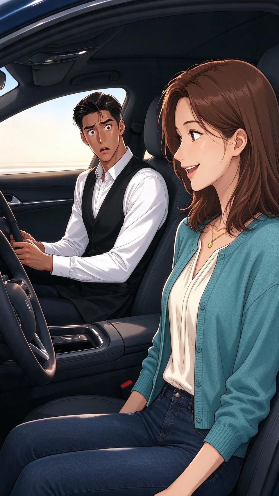 Caleb anxiously turns toward Ivy as she smiles at him; his posture stiffens in sudden disbelief.