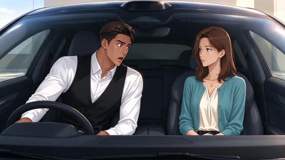 Inside the car, Ivy faces Caleb with an intentionally solemn expression while he leans toward her, startled.
