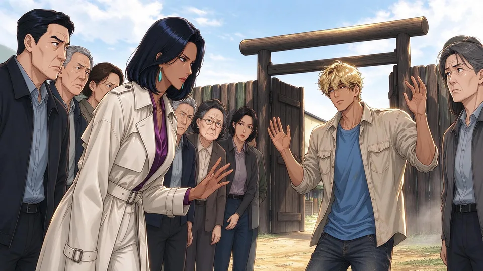 Mrs. Clark faces Frost from the front of the gathered neighbors, demanding an explanation.