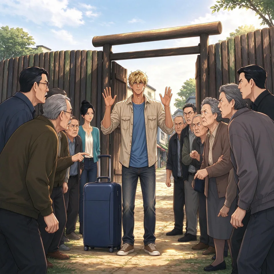 Frost stands surrounded by tense neighbors, one large suitcase at his side. He holds both hands up, his annoyed expression at odds with the gesture.