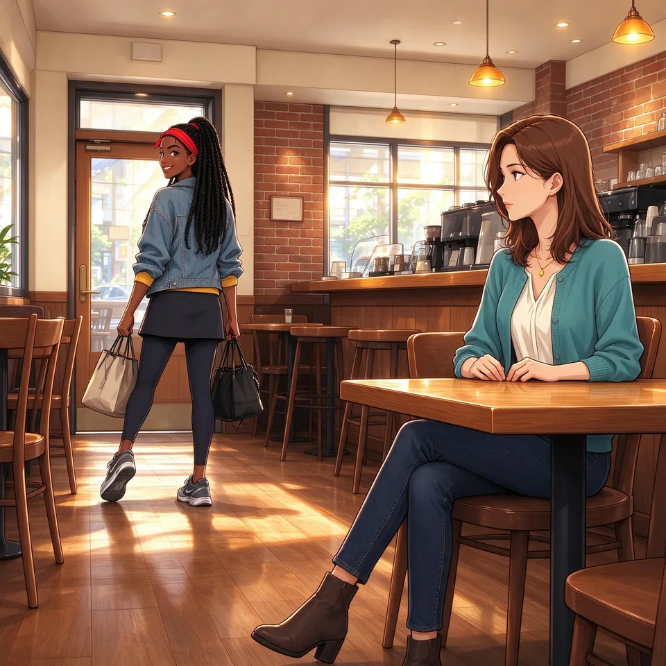 Mariah grabs her bags and heads out of the cafe while Ivy remains seated behind her.