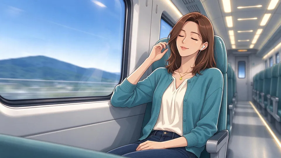 Ivy bounces lightly in her train seat, carried by the music as the train travels home.