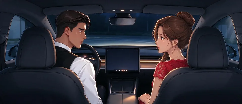 Ivy and Caleb sit in the front seats facing one another. Caleb checks her expression as she answers him.