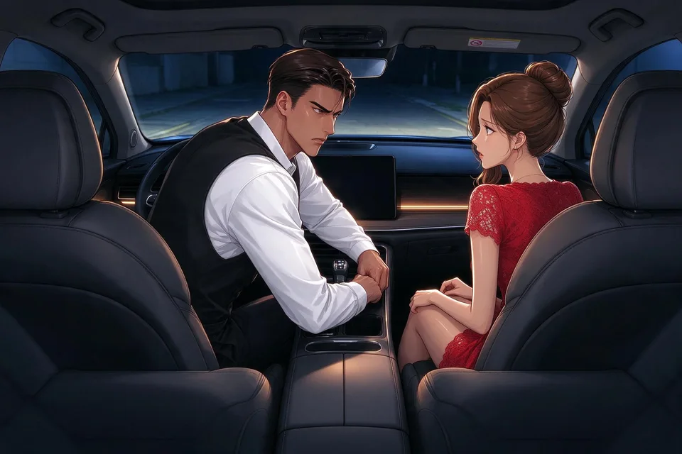 The car has pulled over abruptly. Caleb leans toward Ivy from the driver's seat as she looks back at him.