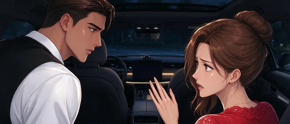Ivy faces Caleb across the car, one hand beginning to lift as she asks him why he stopped.
