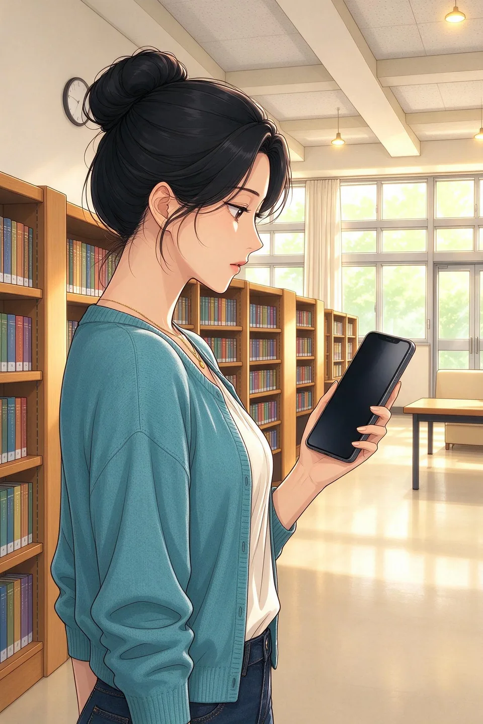 Ivy steps into a quiet corner of the library and checks the phone in her hand as it vibrates.