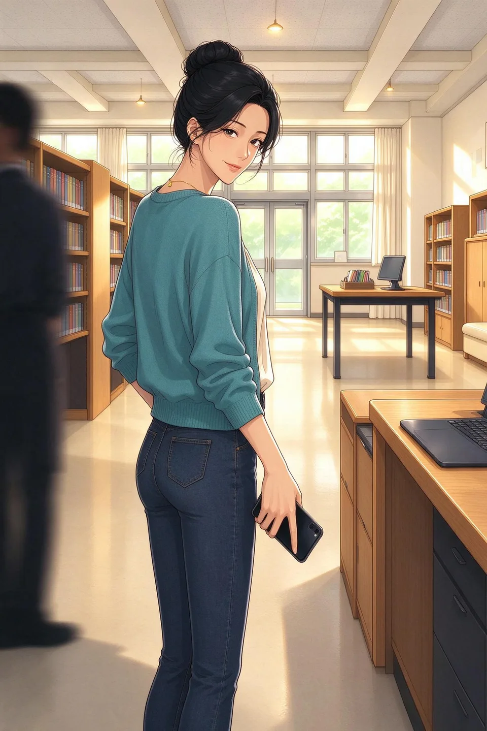 Ivy lowers her phone and turns back toward the library work area, a faintly amused look crossing her face.
