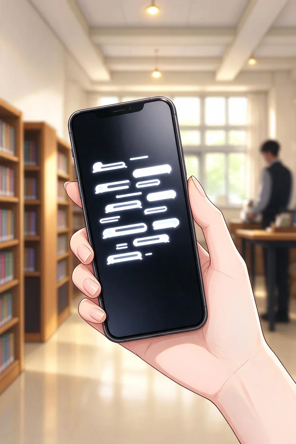 Ivy’s hand holds her phone while a cluster of incoming message bubbles lights its screen.