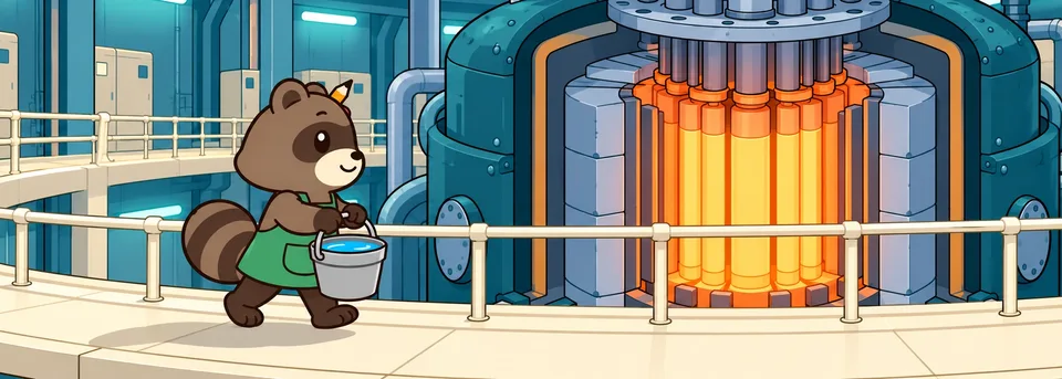 Pon proudly carries a bucket of water rightward along the safety catwalk toward the reactor.