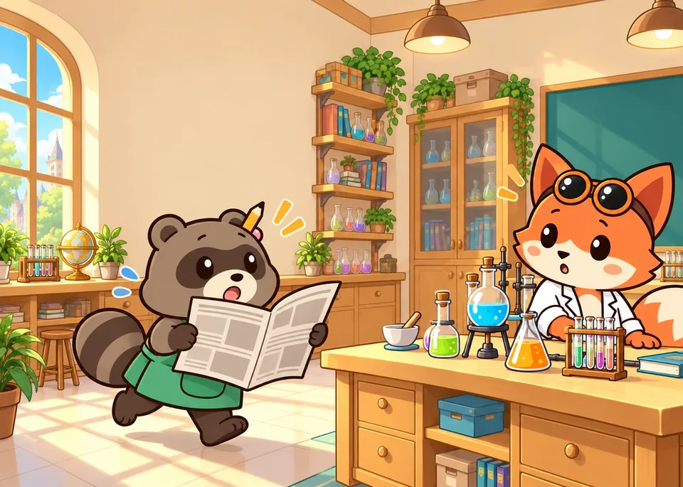 Pon bursts rightwards into the lab clutching an open newspaper while Kon turns from the workbench.