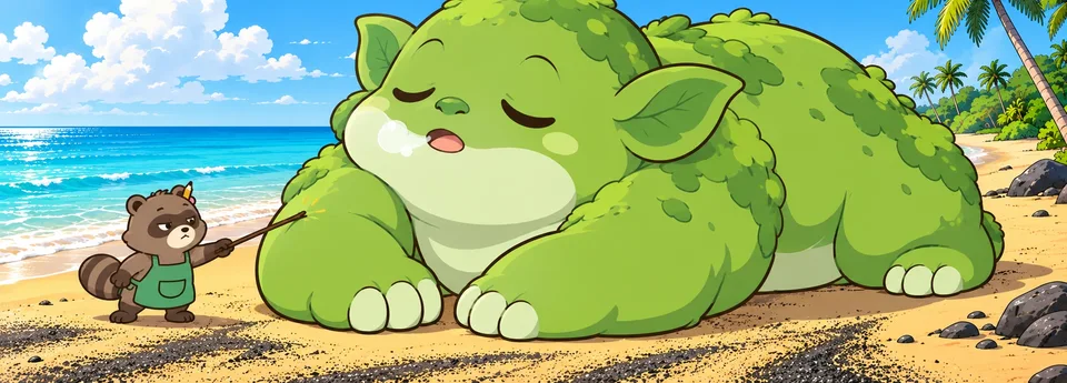 Pon pokes the huge sleeping Thorium giant gently with a stick as its sleepy breath puffs outward.