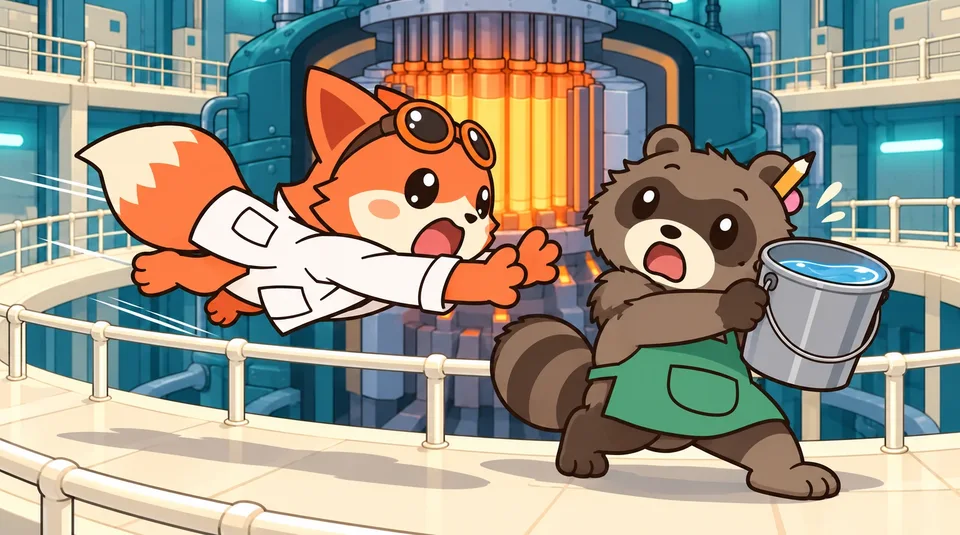 Kon dives rightward to stop Pon before the bucket reaches the reactor.