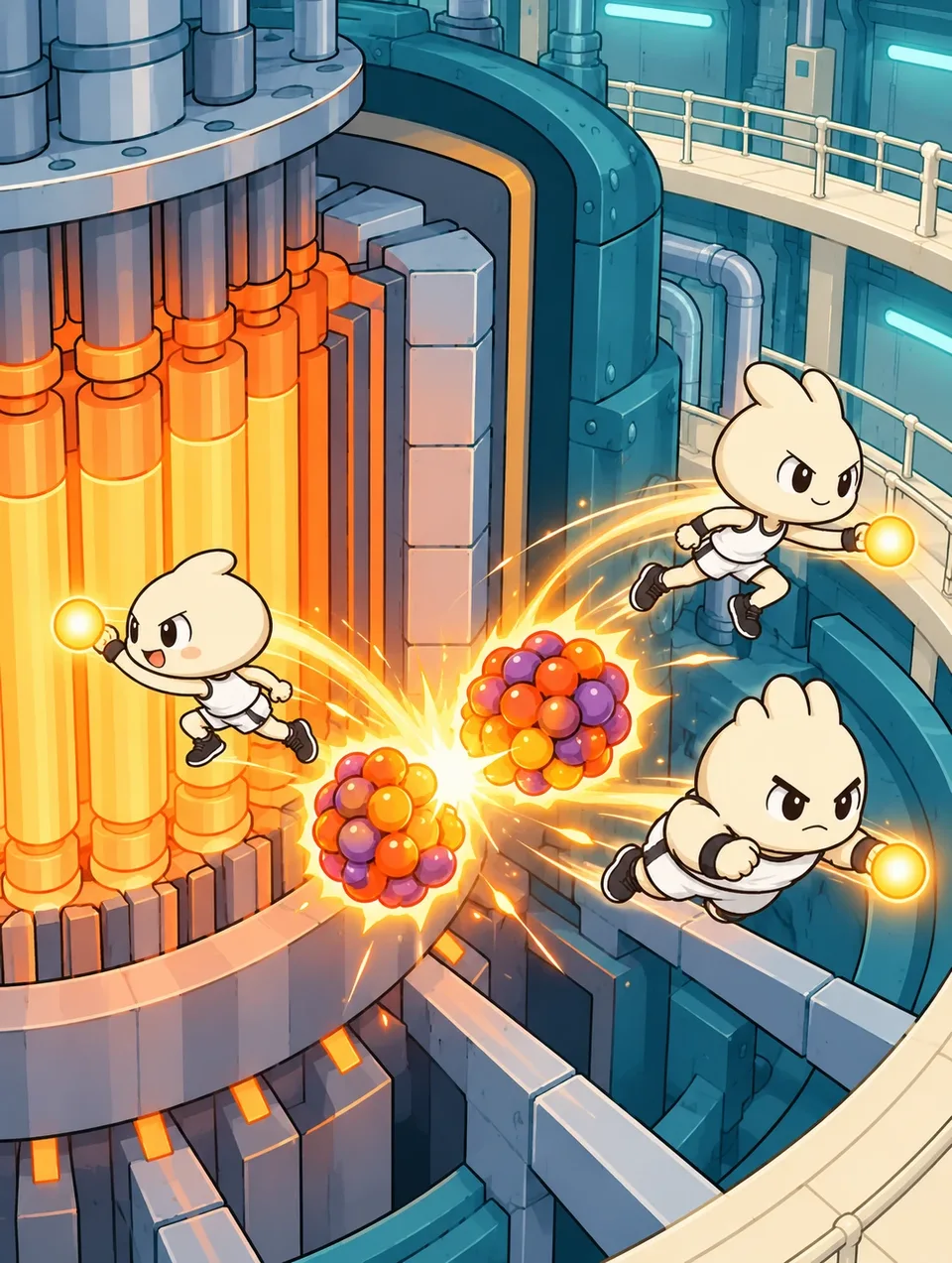 A glowing plutonium atom splits into two abstract fragments as exactly three tiny neutron runners sprint outward; one returns toward another fuel atom.