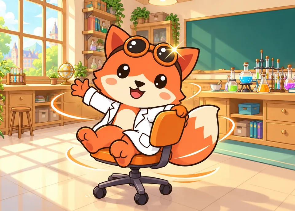 Kon spins round in the orange lab chair as a bright glint flashes across the forehead goggles.
