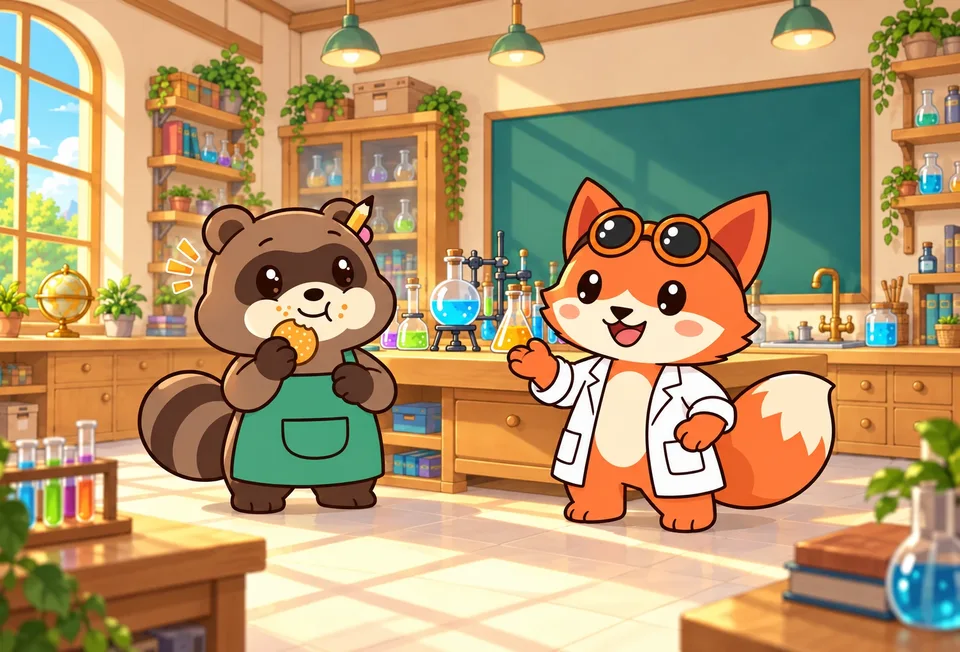 Pon eats a rice cracker with an impressed expression while Kon grins beside him.