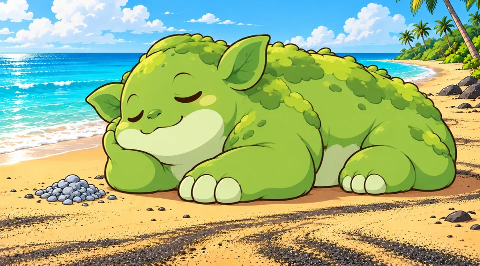 The huge Thorium giant sleeps across a tropical beach beside a tiny pile of grey uranium pebbles.