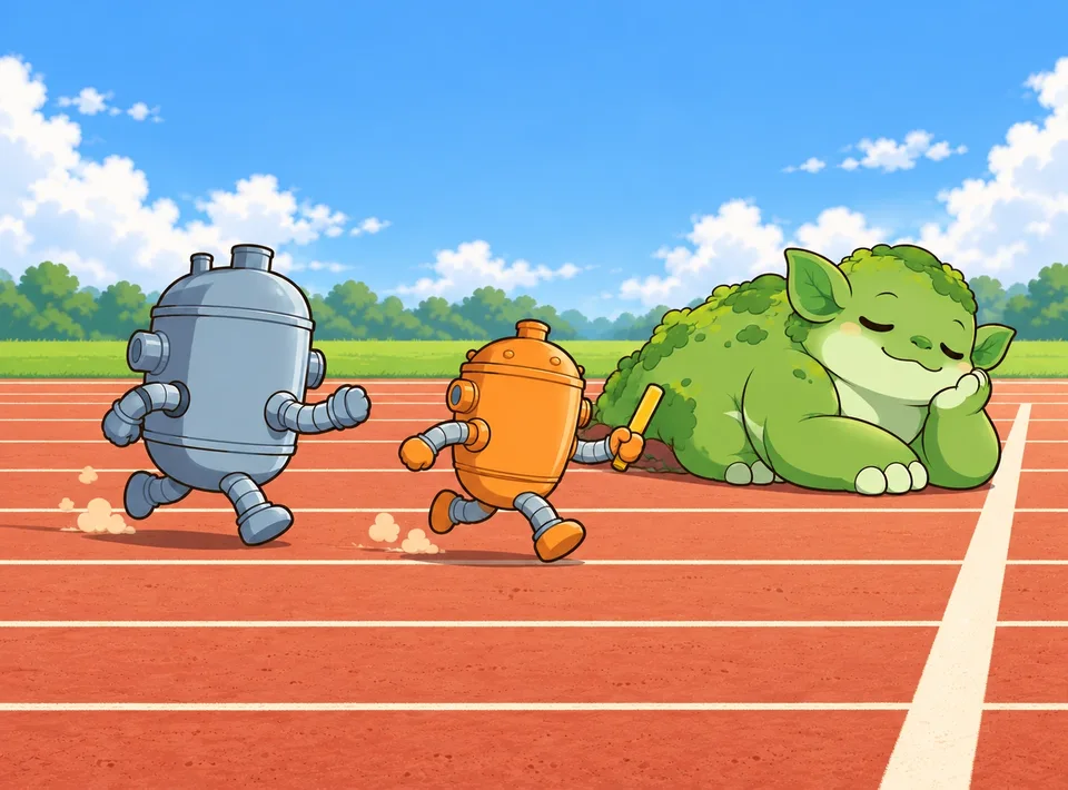 Three relay runners progress across the track: the heavy water reactor trails, the fast breeder carries the baton, and Thorium sleeps at the finish.